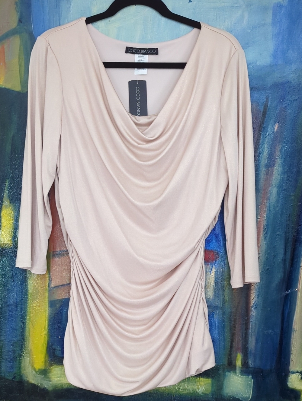 COCO BIANCO shimmer Cowl Scoop Neck Top With Ruched Sides Fully Lined 3/4 Sleeve